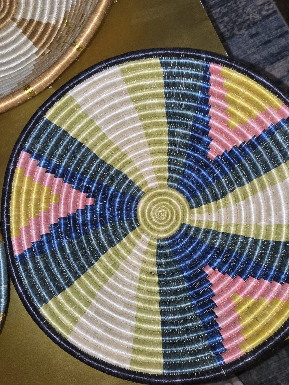 Set of 3 Handcrafted African Woven Wall Decor Baskets Metallic Colorful